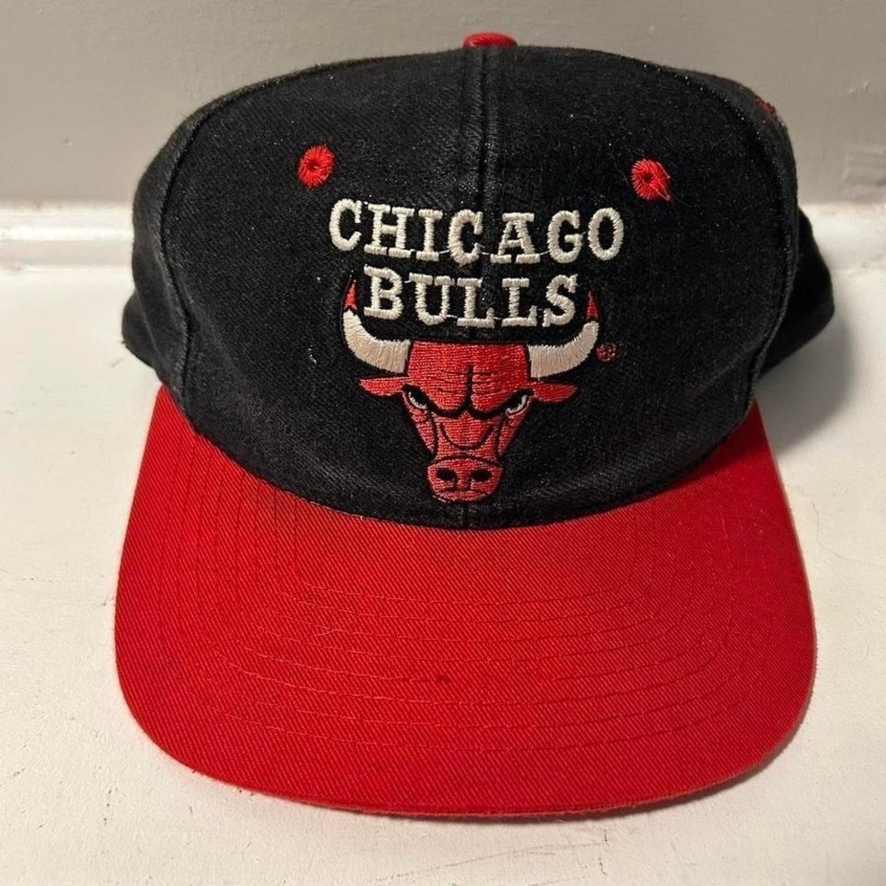Vintage 90s Chicago Bulls black and red two washed black denim SnapBack hat cap